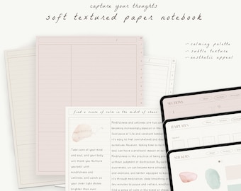 May include: A soft textured paper notebook with a calming palette, subtle texture, and aesthetic appeal. The notebook has lined pages and includes sections for "Sections", "Templates", and "Stickers". The text "find a sense of calm in the midst of chaos" is printed on the cover.