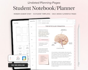 Student ongedateerd planner en notitieboek, dagelijkse wekelijkse maandelijkse planner voor Goodnotes, aanpasbare sjablonen voor notities, academische student iPad