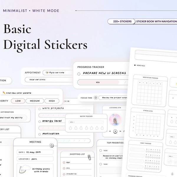 Dagelijkse digitale stickers voor planner Goodnotes Widget Stickerboek Minimalistische Planner-widgets en memoblokken voor dagelijkse essentiële pastellabels