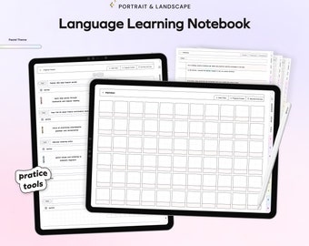 May include: A digital language learning notebook with a pastel theme. The notebook includes sections for vocabulary, grammar, and practice tools. The notebook is displayed on a tablet with a stylus.