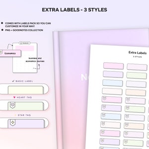 May include: A printable sheet of extra labels for digital planners. The labels come in three styles: basic, heart, and star. The labels are in pastel colours and have a white outline. The sheet is titled "Extra Labels - 3 Styles".