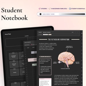 Puede incluir: Una plantilla de cuaderno digital en modo oscuro para estudiantes con secciones para un horario de estudio, un rastreador de tareas, un tablero de flujo de tareas, calificaciones y gráficos. La plantilla también incluye una página con una ilustración de la formación reticular del cerebro, explicando su papel en el procesamiento de la información sensorial, la excitación, la atención y la conciencia.