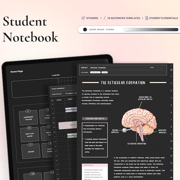 Student Digital Notebook Dark mode | Hyperlinked Notetaking Templates Planner Template for Goodnotes Notability iPad college academic school