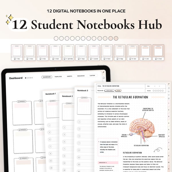 Student Digital 12 Notebooks Bundle Hyperlinked Notetaking Templates for Goodnotes Notability iPad note taking apps Academic for School