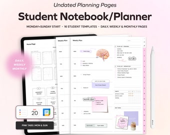 Student Undated Planner and Notebook, Daily Weekly Monthly Planner for Goodnotes, Customizable Notetaking Templates, Academic Student iPad