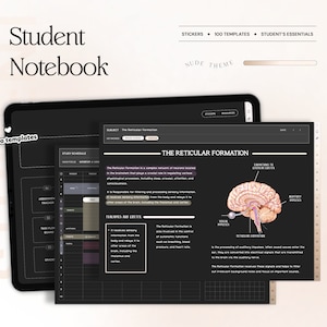 May include: A digital notebook page with a dark gray background and a light gray grid. The page is titled "The Reticular Formation" and includes a diagram of the brain with labels for the different parts. The text on the page discusses the function of the reticular formation in the brain.