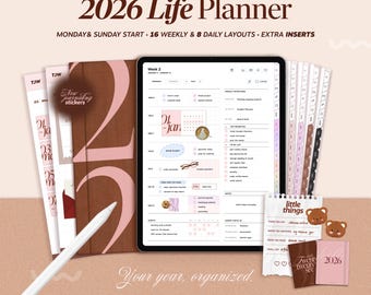 2026 Digital Life Planner, Goodnotes iPad Journal, Hyperlinked Calendar, Minimalist Weekly, Monthly Template, Customizable Portrait Planner