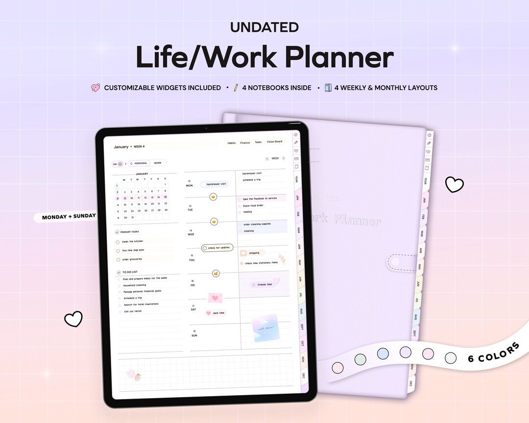 Undated Life Work Digital Planner for Goodnotes Collanote Notability