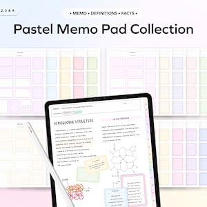 Puede incluir: Un conjunto de blocs de notas de color pastel con un título que dice "Pastel Memo Pad Collection". Los blocs de notas están divididos en secciones con líneas para escribir. Una tableta con una nota sobre la estructura de la hemoglobina se muestra en el centro de la imagen.