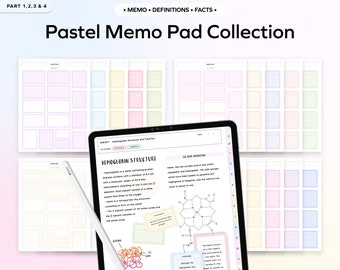 May include: A set of pastel colored memo pads with a title that reads "Pastel Memo Pad Collection". The memo pads are divided into sections with lines for writing. A tablet with a note on hemoglobin structure is shown in the center of the image.