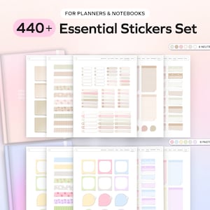 Pode incluir: Um conjunto de adesivos imprimíveis para planejadores com mais de 440 adesivos em cores neutras e pastel. Os adesivos incluem várias formas, tamanhos e designs, como caixas, faixas e linhas.
