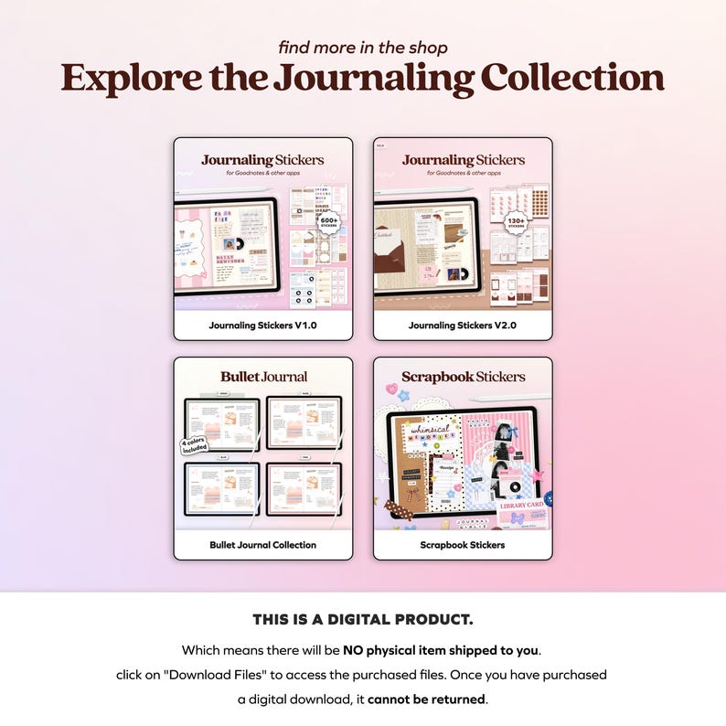 May include: Promotional image for digital journaling stickers. The image displays four digital sticker sets: Journaling Stickers V1.0 and V2.0, Bullet Journal Collection, and Scrapbook Stickers. The text "Explore the Journaling Collection" is displayed at the top.