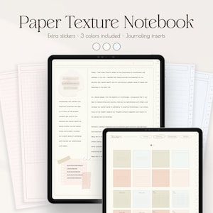 May include: A digital notebook with a paper texture design. The notebook includes stickers in three colors, journaling inserts, and a quote about mindfulness. The notebook is displayed on a tablet screen.