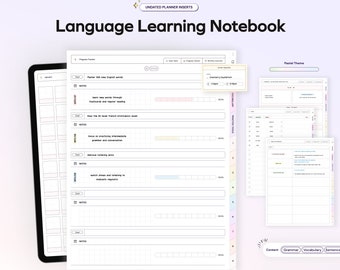 May include: A printable language learning notebook with a pastel color scheme. The notebook includes sections for daily tasks, progress tracking, and monthly challenges. The notebook also includes sections for content, grammar, vocabulary, and sentence practice.