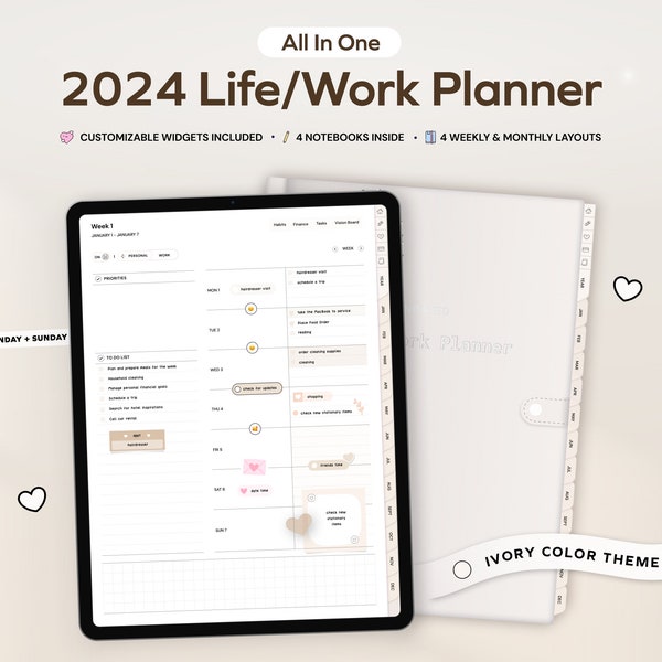 2024 Digital Life Work Planner for GoodNotes, Notability iPad Planning Hyperlinked Customizable Minimalist Weekly Planner, Stickers, Widgets