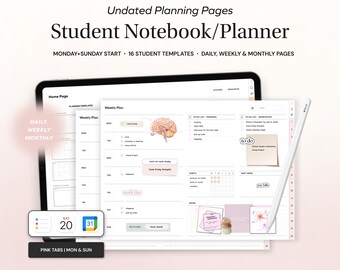 Student Undated Planner and Notebook, Daily Weekly Monthly Planner for Goodnotes, Customizable Notetaking Templates, Academic Student iPad