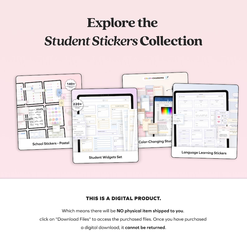 K&ouml;nnte beinhalten: Vier digitale Produkt-Mockups, die verschiedene Sets von Studentenstickern zeigen. Die Sets beinhalten pastellfarbene Schul-Sticker, farbig wechselnde Lernsticker, Sprachlern-Sticker und Student-Widget-Sets. Der Text "Dies ist ein digitales Produkt." wird unter den Mockups angezeigt. Der Text "Das bedeutet, dass kein physisches Produkt an Sie versandt wird." wird unter der ersten Textzeile angezeigt. Der Text "Klicken Sie auf "Dateien herunterladen", um auf die gekauften Dateien zuzugreifen. Sobald Sie einen digitalen Download gekauft haben, kann er nicht zur&uuml;ckgegeben werden." wird unter der zweiten Textzeile angezeigt.