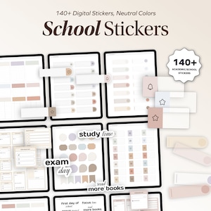Puede incluir: Un planificador digital con más de 140 pegatinas de color neutro para la escuela. Las pegatinas incluyen texto como "study time", "exam day" y "read more books".