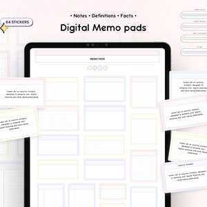 Op de afbeelding: Een digitale memo-app met 64 kleurrijke stickers die zijn ontworpen om uw digitale planning en notities te verbeteren. De app biedt een verscheidenheid aan memo-sjablonen met verschillende rasterpatronen en kleuren. De tekst op het scherm luidt "Notities. Definities. Feiten. Digitale memo's."