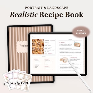 May include: A digital recipe book app on a tablet with a brown striped cover. The app features a recipe for cinnamon rolls with a photo of the finished product. The app also includes sections for ingredients and directions. The tablet is on a white surface with a stylus pen beside it. The text on the screen reads "Recipe" and "& Meal Planner".