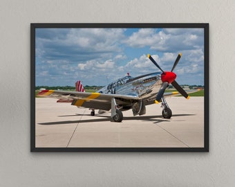 May include: A silver and black World War II era P-51 Mustang fighter plane on a runway with a blue sky and white clouds in the background.