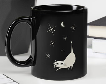 Atomic Cat Mid Century Modern Black Glossy Mug, Coffee mug, coffee lover, gift idea, coffee addict, coffee cup, atomic stars, retro design