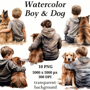 Boy & Dog Clipart - 10 PNG de alta calidad, Planificador digital, Cachorro de perro acuarela, Fabricación de tarjetas, Descarga digital, Gráficos imprimibles #1190