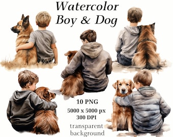 Boy & Dog Clipart - 10 High Quality PNGs, Digital Planner, Watercolor Dog Puppy, Card Making, Digital Download, Printable Graphics #1190