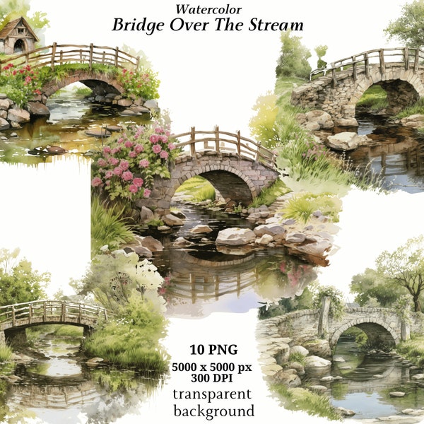 Bridge Over The Stream Clipart, 10 High Quality PNGs, Watercolor Art, Digital Download, Card Making, Mixed Media, Digital Paper Craft #1359