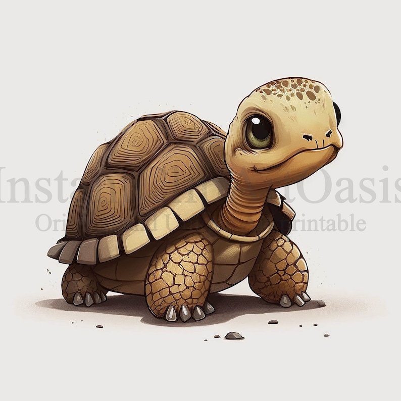 K&ouml;nnte beinhalten: Eine Cartoon-Illustration einer kleinen, braunen Schildkr&ouml;te mit gro&szlig;en, gr&uuml;nen Augen. Die Schildkr&ouml;te geht auf einer hellbraunen Oberfl&auml;che.