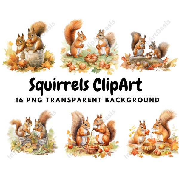 Watercolor Squirrels Clipart, 16 High Quality PNGs, Cute Squirrels Clipart, Nursery, Card Making, Journaling, Digital Download | #967