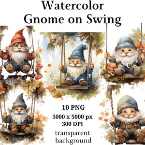 Gnome on Swing Clipart - 10 High Quality PNGs, Digital Download, Journaling, Card Making, Digital Paper Craft, Scrapbooking #1173