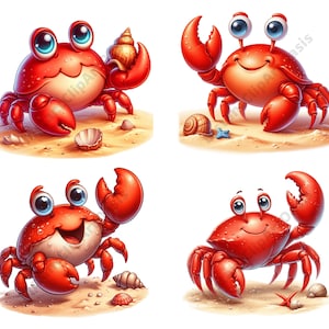 May include: Four cartoon crabs with red shells and blue eyes on a sandy beach background. The crabs are smiling and have different poses. One crab is holding a seashell, another has a starfish next to it, and the other two have seashells and a starfish next to them.
