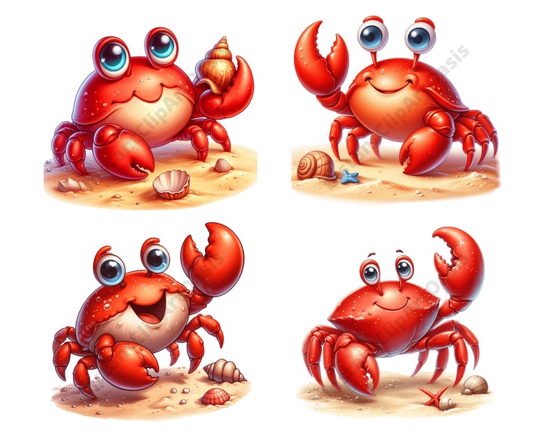 May include: Four cartoon crabs with red shells and blue eyes on a sandy beach background. The crabs are smiling and have different poses. One crab is holding a seashell, another has a starfish next to it, and the other two have seashells and a starfish next to them.