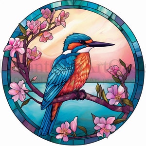 Martin pescatore di vetro colorato, 9 JPG di alta qualità, vetro colorato, Download digitale / Creazione di carte, Clipart di uccelli, Mestiere di carta / #658