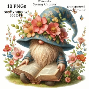 Clipart di gnomi primaverili, 10 PNG di alta qualità, arte della scuola materna, download digitale / creazione di cartoline, clipart di gnomi carini, artigianato con carta digitale / #1410