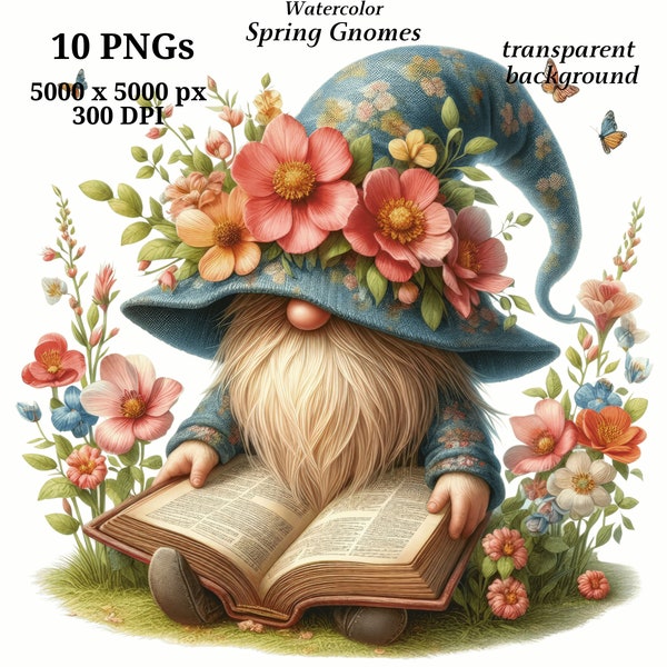 Spring Gnomes Clipart, 10 High Quality PNGs, Nursery Art, Digital Download | Card Making, Cute Gnome Clipart, Digital Paper Craft | #1410