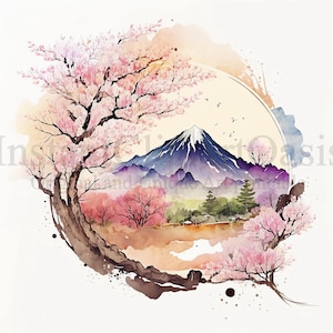 Clipart del paesaggio giapponese, 10 JPG di alta qualità, Arte dell'acquerello, Download digitale, Creazione di carte, Media misti, Mestiere di carta digitale / #109