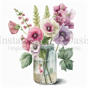 Vase Of Hollyhocks Clipart, 10 High Quality JPGs, Botanical Art, Digital Download, Card Making, Journaling, Digital Paper Craft | #374
