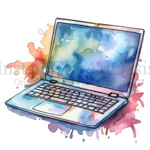 Watercolor Laptop Clipart, 10 High Quality JPGs, Instant Digital Download | Card Making, Digital Paper Craft | #690
