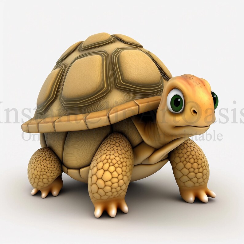 K&ouml;nnte beinhalten: Eine Comic-Schildkr&ouml;te mit brauner Schale und gr&uuml;nen Augen. Die Schildkr&ouml;te geht mit erhobenem Kopf nach vorne.