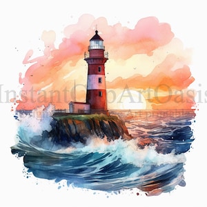 Könnte beinhalten: Ein Aquarellbild eines rot-weißen Leuchtturms auf einer felsigen Klippe mit tosenden Wellen im Vordergrund. Der Himmel ist in leuchtenden Orange- und Rosatönen gehalten, was auf einen Sonnenuntergang hindeutet.