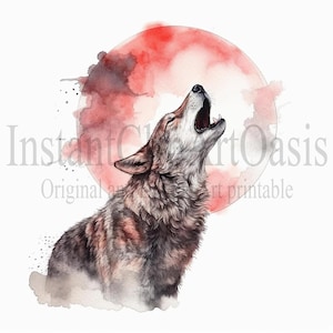 Wolf and Red Moon Clipart, 7 High Quality JPGs, Card Making, Clip Art, Wolf Print, Digital Paper Craft, Watercolour Painting #603