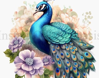 Floral Peacock Clipart, 10 High Quality JPGs, Nursery Art, Card Making, Peacock Clip Art, Digital Paper Craft, Watercolor Painting #594