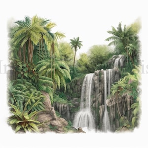 Clipart di cascate tropicali, 10 JPG di alta qualità, Arte dell'acquerello, Download digitale, Creazione di carte, Media misti, Mestiere di carta digitale / #325