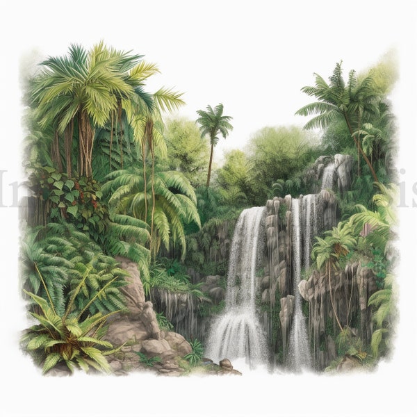 Clipart de cascades tropicales, 10 JPG de haute qualité, Art de l'aquarelle, Téléchargement numérique, Fabrication de cartes, Techniques mixtes, Artisanat en papier numérique | #325