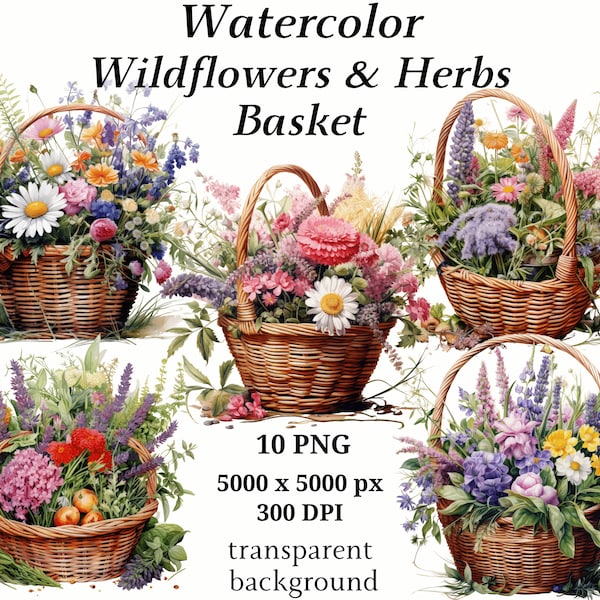 Wildflowers & Herbs Basket Clipart - 10 High Quality PNGs, Junk Journaling, Digital Planner, Wall Art, Digital Paper Craft, Watercolor #1220