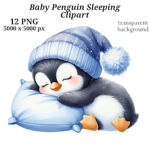 Bebé pingüino durmiendo clipart, 12 PNG de alta calidad, arte infantil, descarga digital, fabricación de tarjetas, imágenes prediseñadas de animales lindos, pingüino / #1467