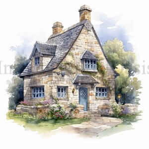 May include: A stone cottage with a slate roof, a blue door, and a small garden with flowers. The cottage has a charming, rustic look.