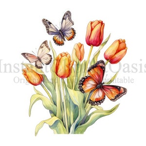 Tulip Butterflies Clipart, 10 JPG di alta qualità, Nursery Art / Card Making, Clip Art, Digital Paper Craft, Butterfly Watercolor / #748